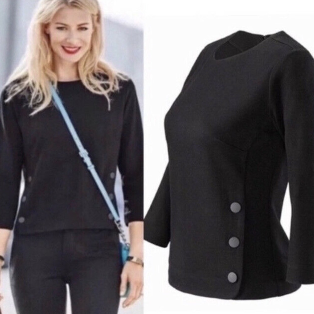 CAbi sz Small Ponte Knit Top Utility Snap Button Detail 3/4 Length Sleeves Black